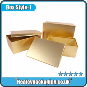 Luxury gold foil rigid gift boxes shown open and closed for premium product presentation