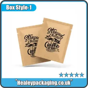 Kraft paper pouches with custom printed design, ideal for food, coffee, and eco-friendly packaging.