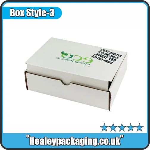 White tuck-end mailer box with front thumb notch, designed for compact product shipping and presentation