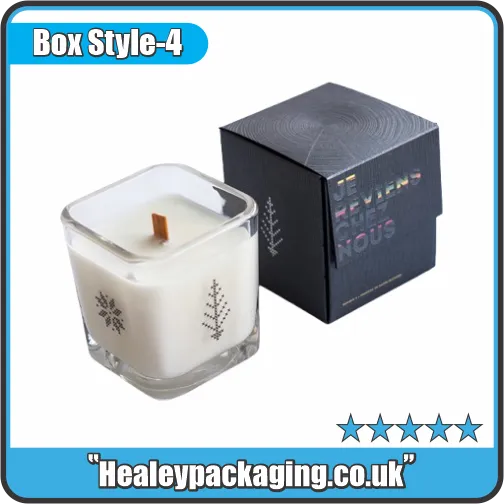 Luxury rigid 50cl candle box with holographic text and square glass candle