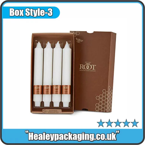 Taper candle packaging box with internal insert, shown open to display secure candle placement.