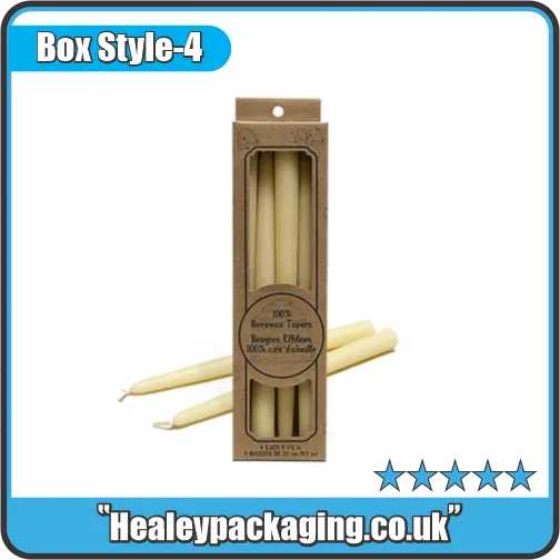 Tall taper candle box with front window cut-out, ideal for retail display and product visibility.