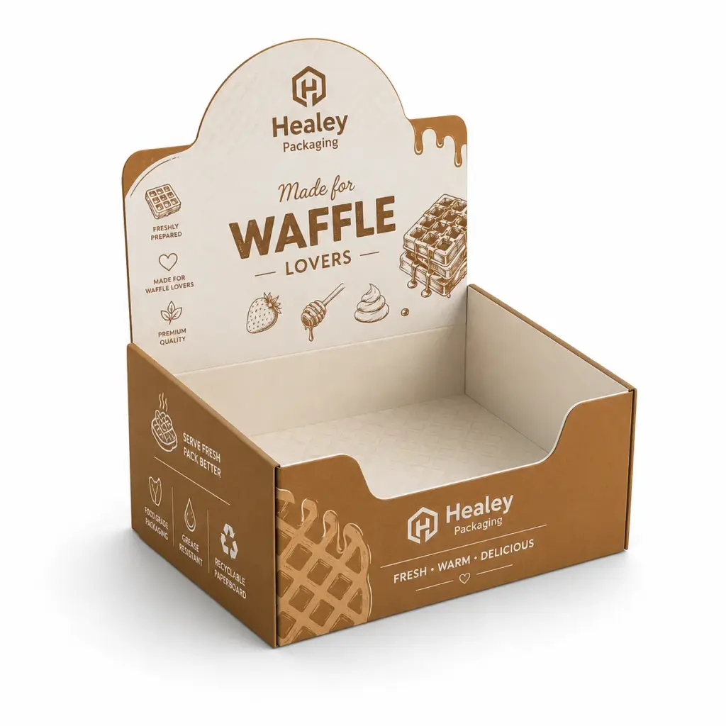 Printed counter display box for serving fresh waffles