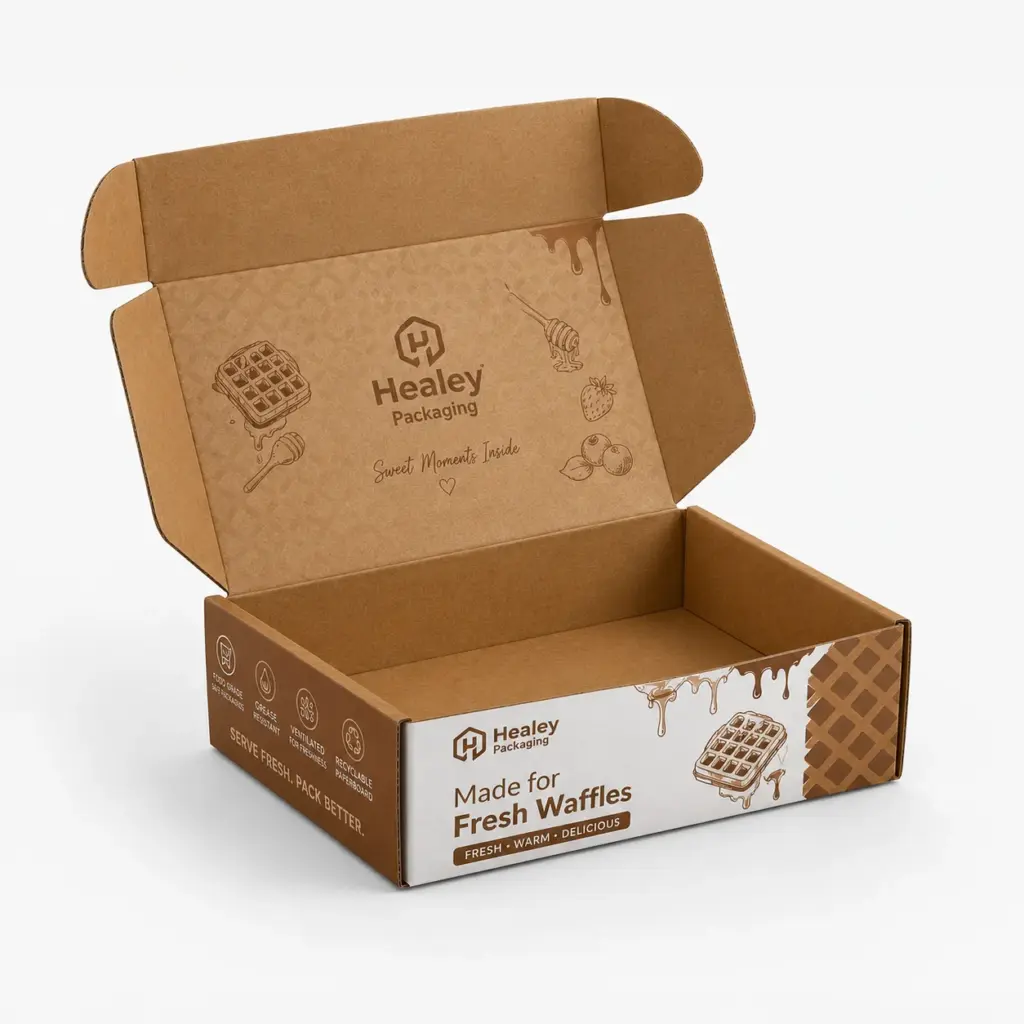 Open kraft mailer box designed for fresh waffle packaging