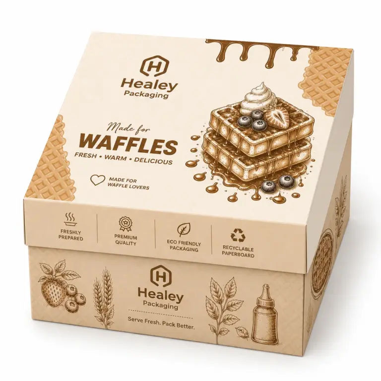 Two-piece paperboard box for premium fresh waffle packaging