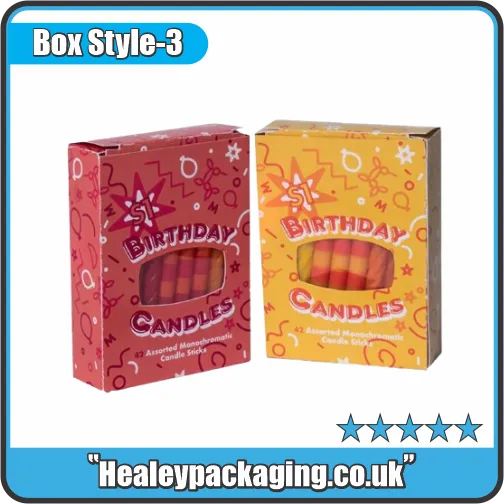 Colourful birthday candle packaging boxes with window cut-out for retail presentation