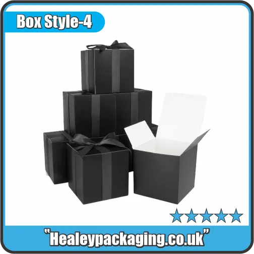 Black luxury gift boxes with ribbon lids, premium rigid packaging set