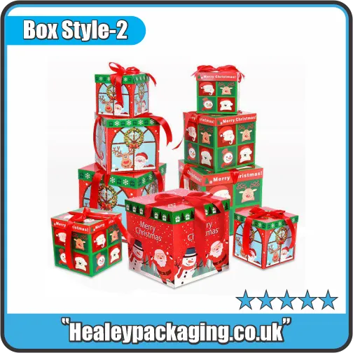 Festive Christmas gift boxes with holiday prints and ribbons, suitable for seasonal gifting and retail displays