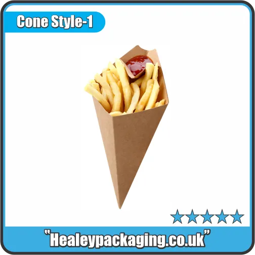 Paper chip cone filled with hot chips and sauce, ideal for takeaway food packaging