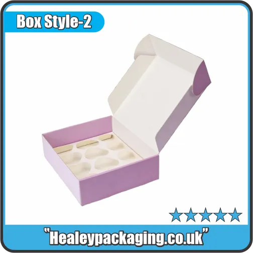 Custom dessert box with internal insert, designed to securely hold multiple cupcakes during transport.