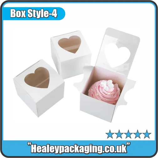 White dessert boxes with heart-shaped window, suitable for cupcakes, cakes, and gift desserts.