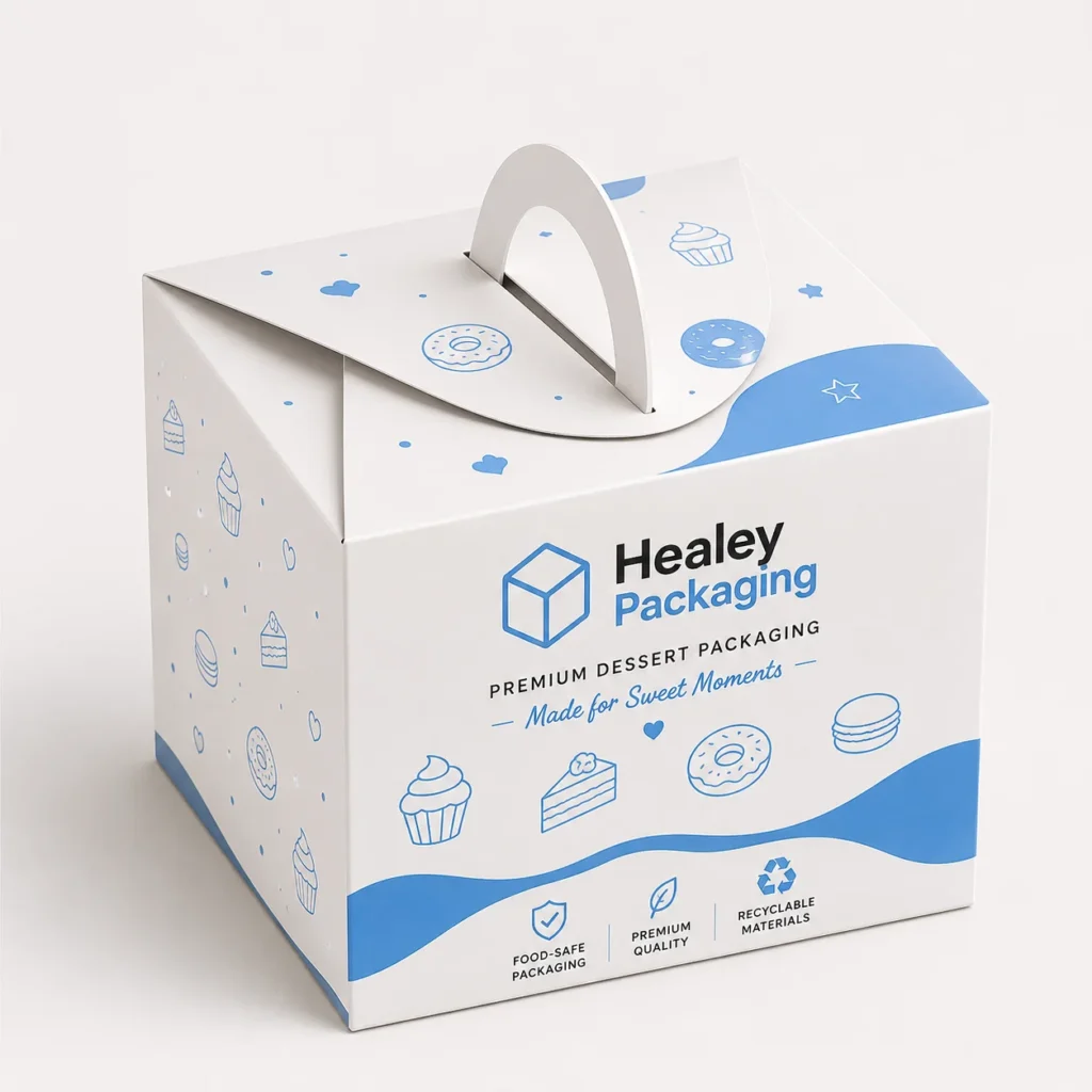 Printed dessert carry box with integrated paper handle