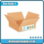 Flat pack corrugated box shown open, designed for easy assembly, packing, and shipping.
