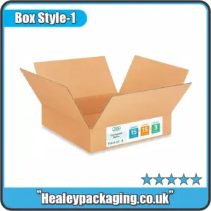 Flat pack corrugated box shown open, designed for easy assembly, packing, and shipping.