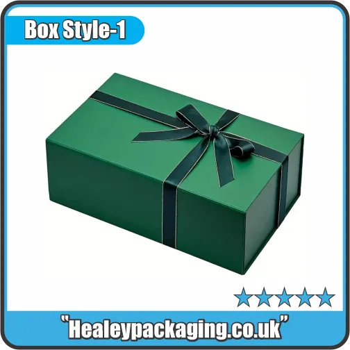 Green rigid gift box with satin ribbon closure, ideal for luxury gifts and premium retail packaging