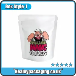 White custom printed mylar pouch packaging for cannabis flower with bold illustrated branding.