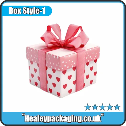 Pink Valentine’s gift box with heart pattern and ribbon bow, ideal for romantic gifting.