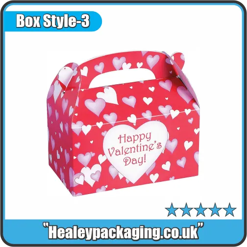 Valentine’s handle gift box with heart print and carry handle for festive gift packaging.