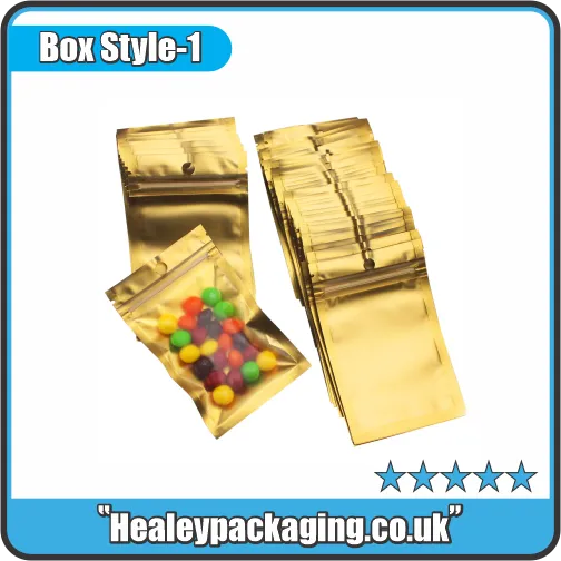 Gold foil mylar pouches for food packaging shown with resealable closure