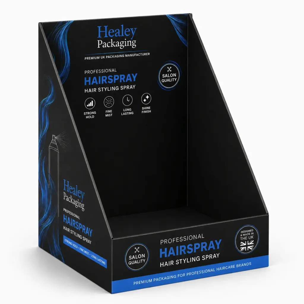 Custom hairspray display box for retail shelf presentation and branding