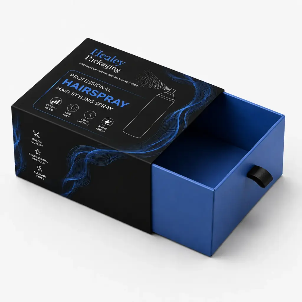 Luxury hairspray sleeve box with drawer style cosmetic packaging