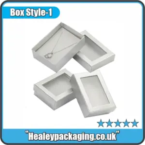 Silver jewellery gift boxes with window lid, designed for necklaces and premium jewellery presentation.