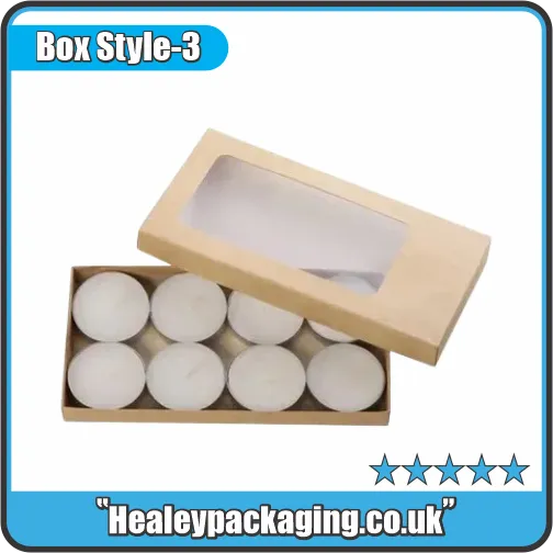 Kraft cardboard tealight candle box with a clear window lid displaying neatly arranged white tealight candles