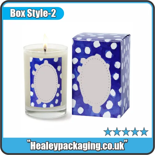 Printed candle box with glass candle jar, ideal for scented candle packaging and gifting