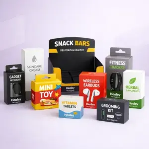 Colourful retail packaging boxes for snacks, gadgets, supplements, and cosmetics.