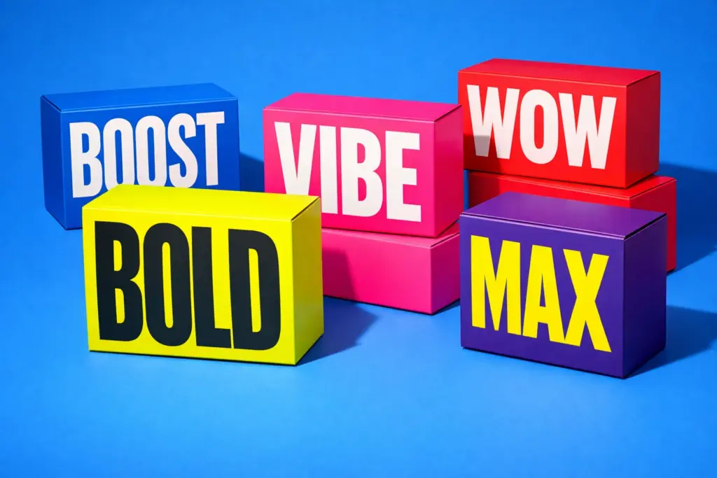 Retail packaging boxes with bold colours and oversized typography design