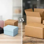Cardstock boxes vs corrugated boxes comparison showing folding cartons and brown shipping boxes side by side.