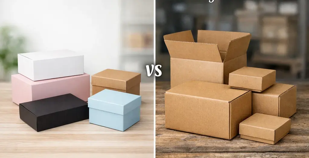 Cardstock boxes vs corrugated boxes comparison showing folding cartons and brown shipping boxes side by side.
