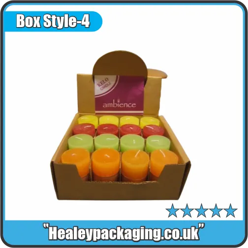 Cardboard display box arranged with assorted coloured candles for shop displays