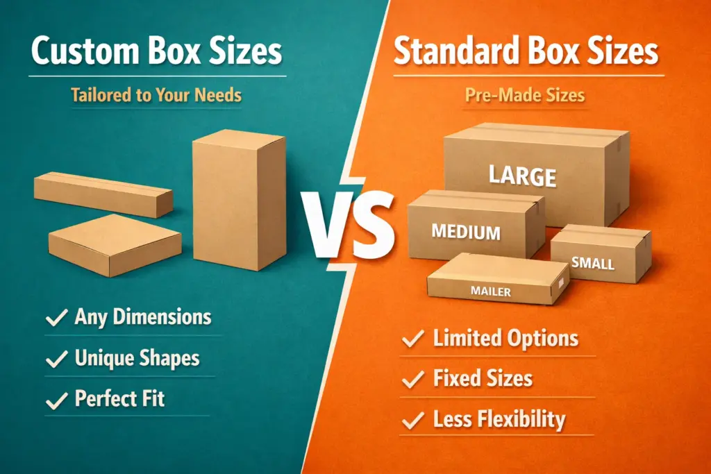 Comparison of custom box sizes versus standard pre-made packaging boxes