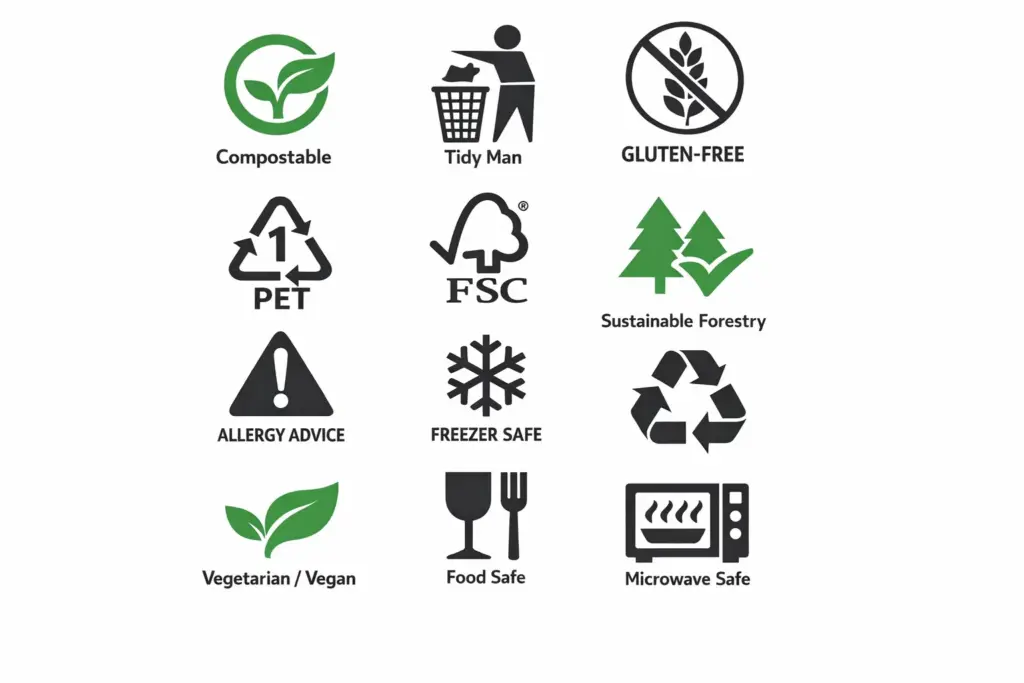 Food and safety packaging symbols such as compostable, food safe, microwave safe and allergy advice.