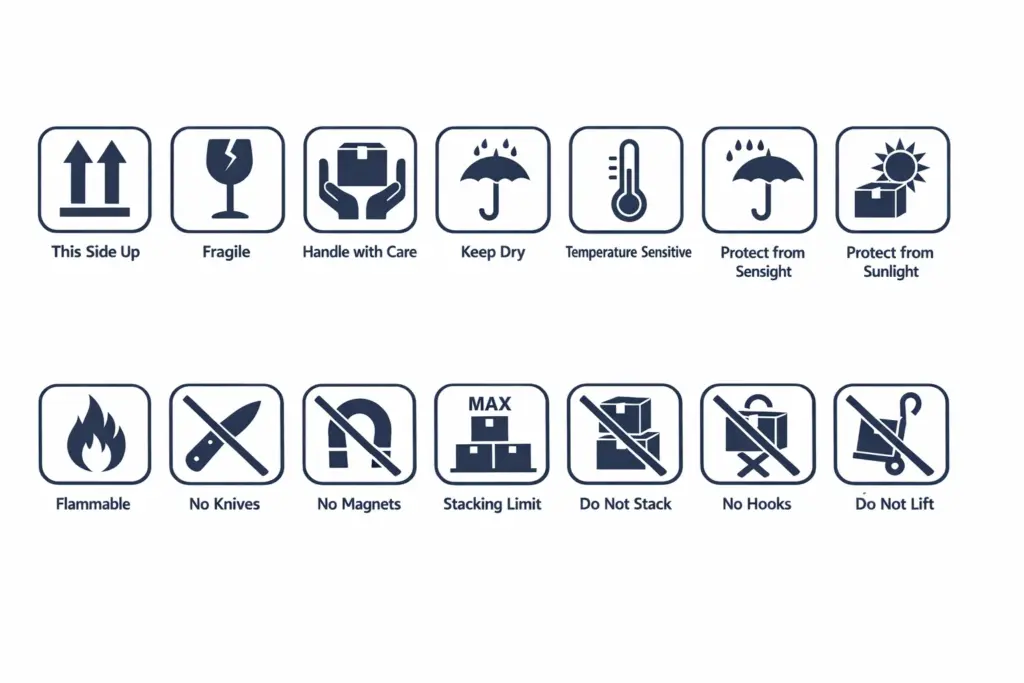 Handling and shipping symbols including fragile, this side up, keep dry and do not stack.
