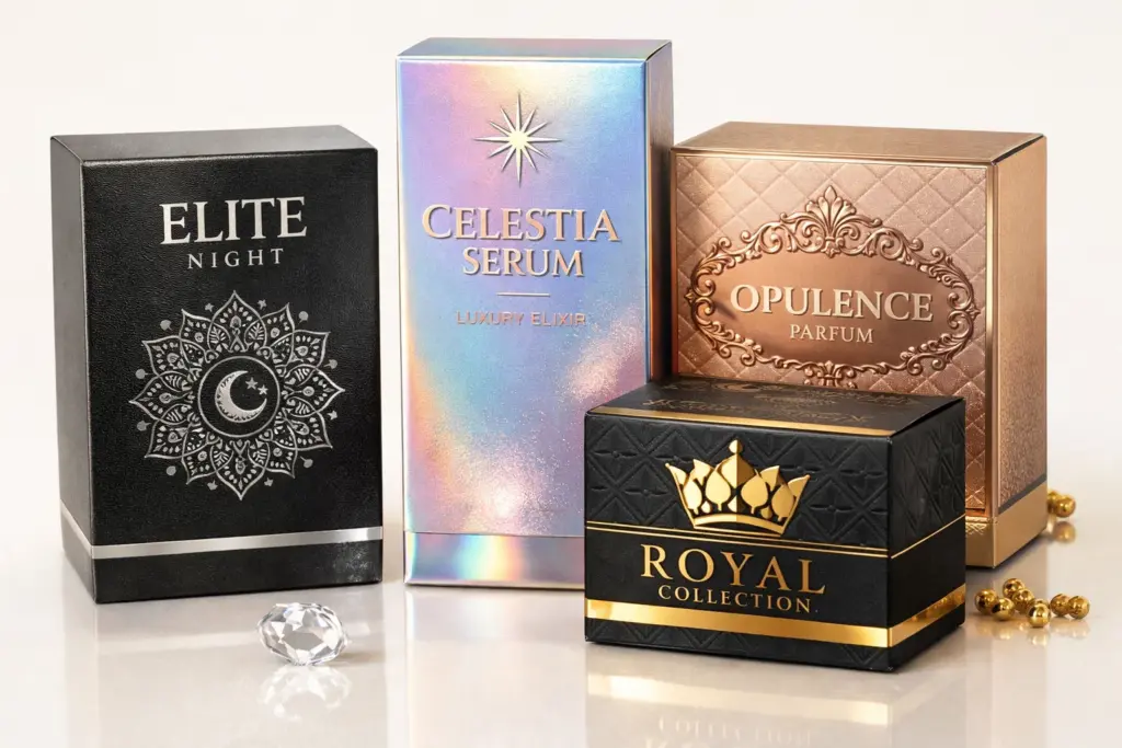 Luxury packaging boxes featuring foil stamping, embossing and metallic finishes