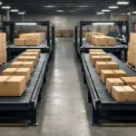 Wholesale packaging boxes moving on conveyor belts in a warehouse fulfilment and distribution center