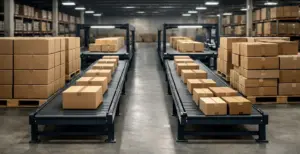Wholesale packaging boxes moving on conveyor belts in a warehouse fulfilment and distribution center