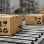 Cardboard shipping boxes with handling and recycling symbols moving on warehouse conveyor belt