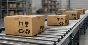Cardboard shipping boxes with handling and recycling symbols moving on warehouse conveyor belt