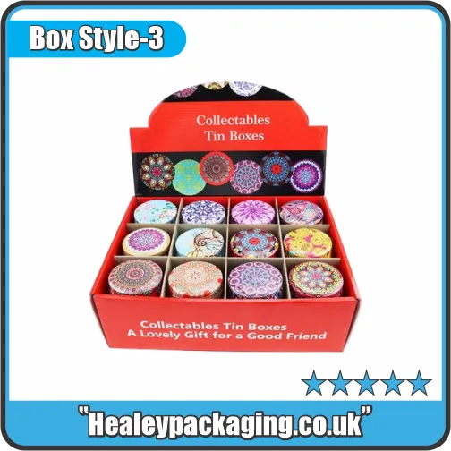 Printed retail display box showcasing colourful collectible tin containers