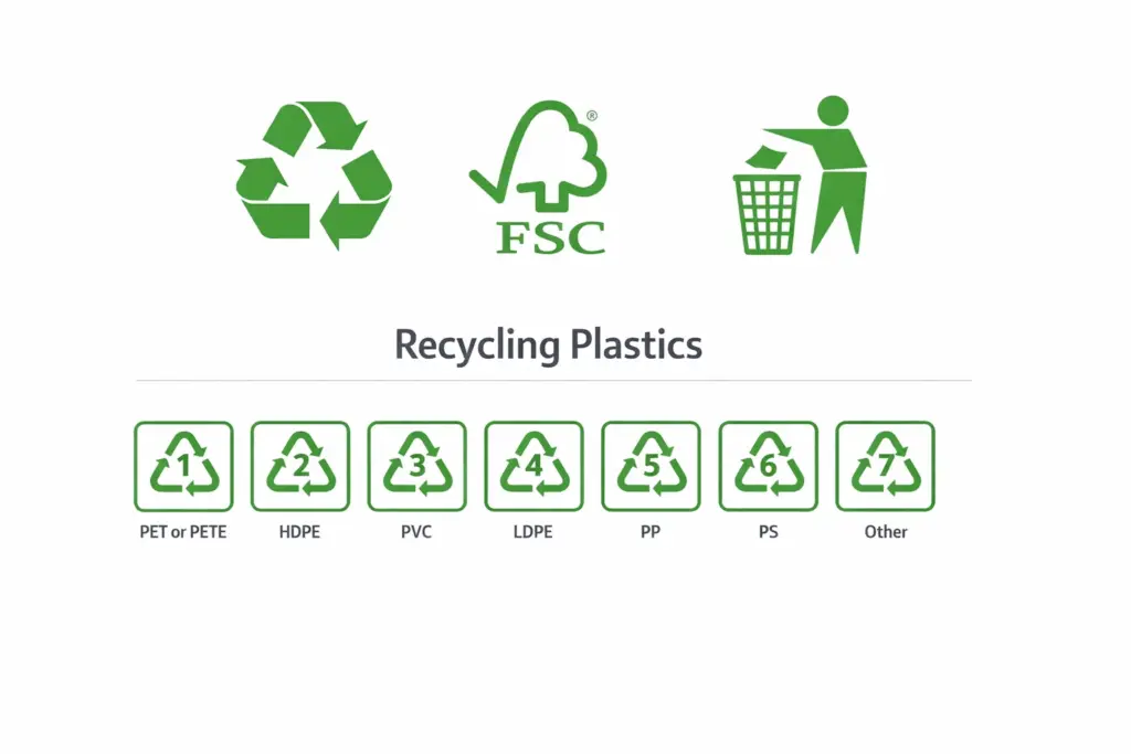 Recycling and environmental packaging symbols including FSC, recycle logo and plastic codes.