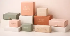 Pastel luxury retail packaging boxes arranged on display blocks with minimal branding and soft studio lighting.