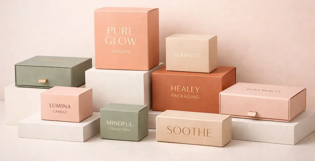 Pastel luxury retail packaging boxes arranged on display blocks with minimal branding and soft studio lighting.