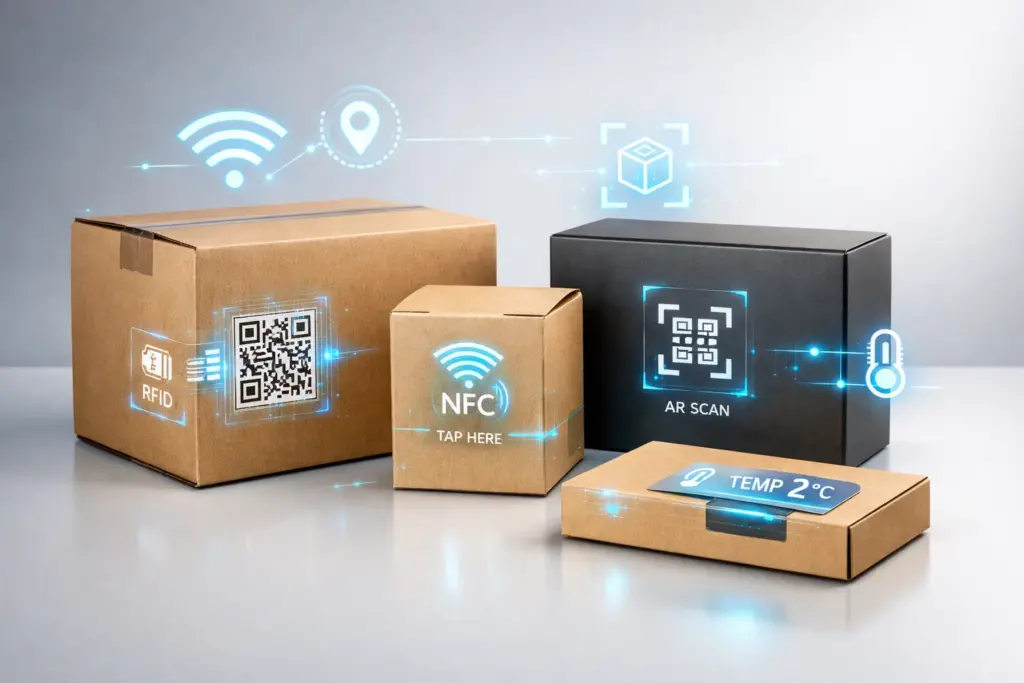 Smart packaging boxes with QR codes, NFC tags and temperature tracking technology