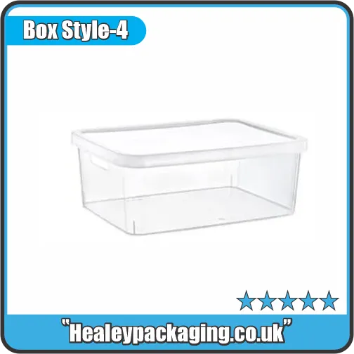 Clear storage box with fitted lid for organised product storage