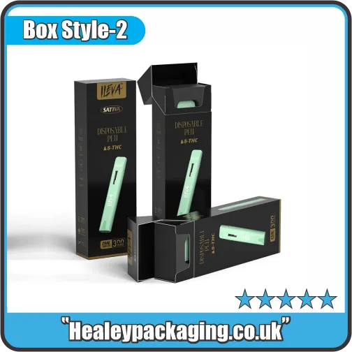 Black disposable vape pen folding carton packaging with front window and open top flap