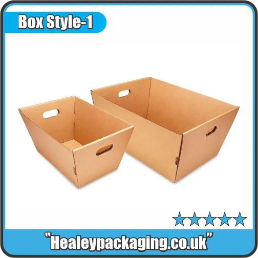 Open cardboard tote boxes with built-in handles for storage and transport