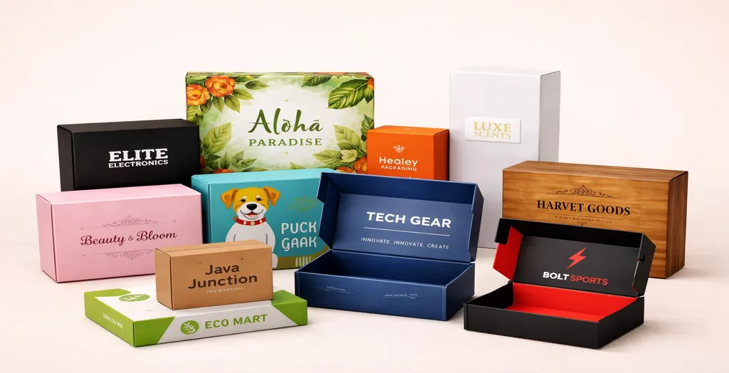 Assorted custom branded boxes for beauty, electronics, food, pet products, and luxury packaging.